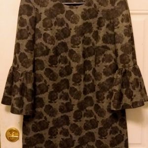 Calvin Klein Size 12 Grey & Blak Floral Bell Sleeve Back Zip Dress